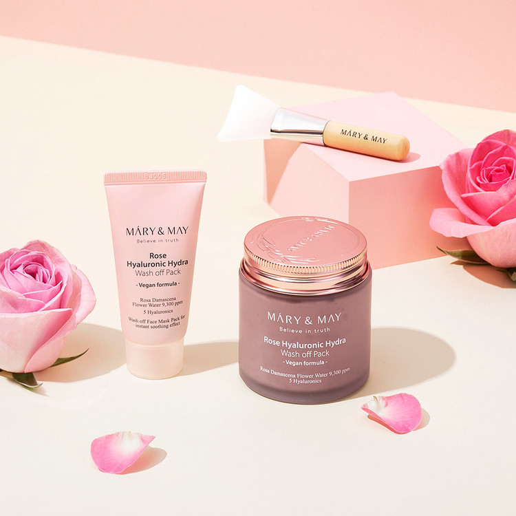 MARY&MAY Vegan Rose Hyaluronic Mask Special Set - hyauluronová pleťová maska s extraktem z růží + DÁREK  (125g+30g)