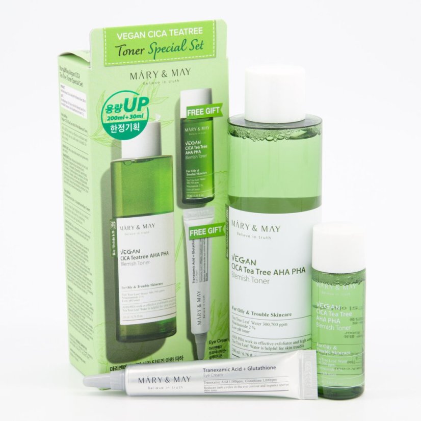 MARY&MAY Vegan Cica Tea Tree Toner Special Set - zklidňující sada toneru pro mastnou a aknozní pleť a očního krému s obsahem Centella Asiatica 200 ml + 30 ml + 12 g